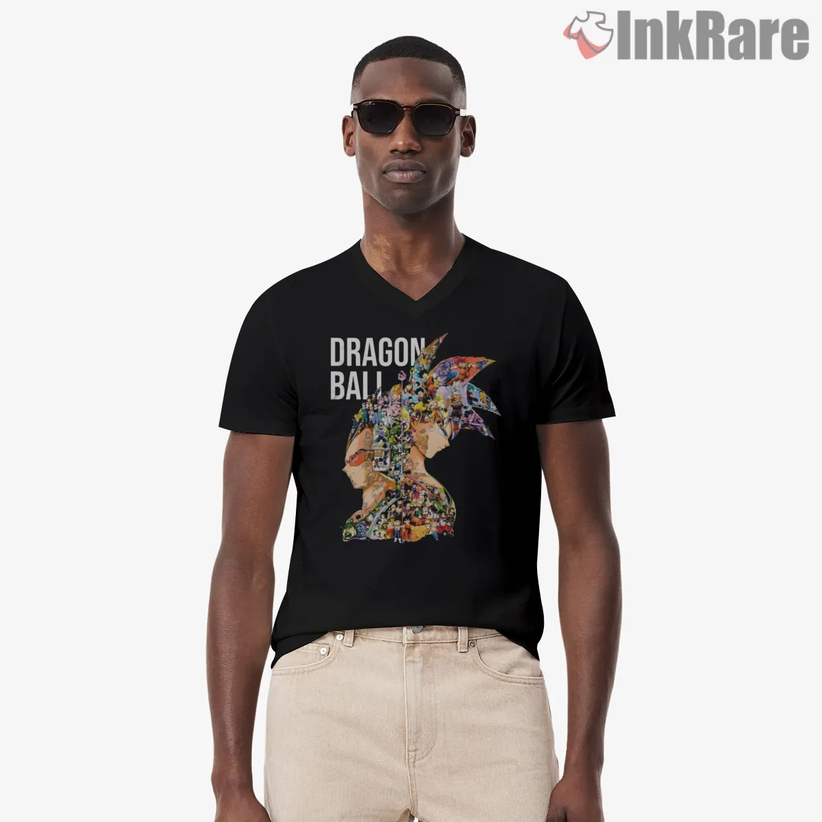 Goku And Vegeta Character Montage Silhouette V Neck Black Goku And Vegeta Character Montage Silhouette Shirt on black v-neck shirt for men graphic tee