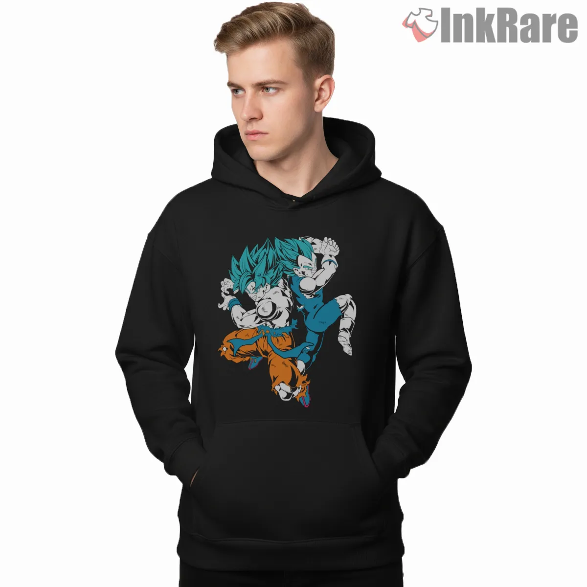 Goku And Vegeta Dual Superhero Clash Shirt on black hoodie for men graphic tee