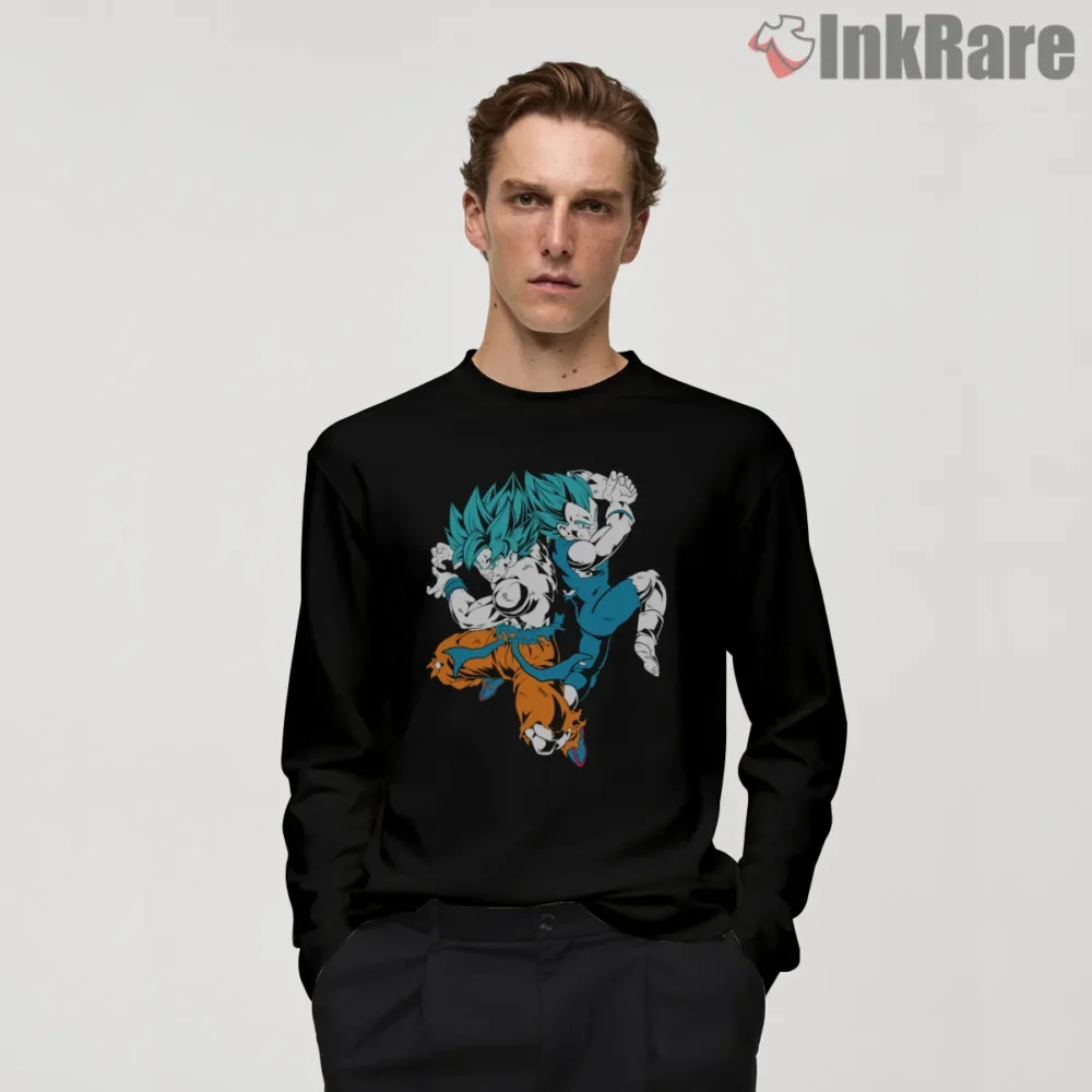 Goku And Vegeta Dual Superhero Clash Shirt on black long sleeve shirt for men graphic tee