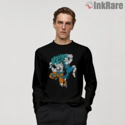 Goku And Vegeta Dual Superhero Clash Shirt on black long sleeve shirt for men graphic tee