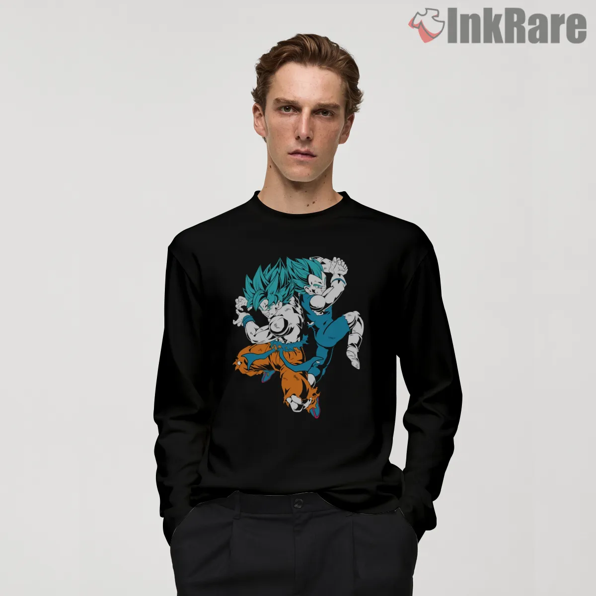 Goku And Vegeta Dual Superhero Clash Long Sleeve Black Goku And Vegeta Dual Superhero Clash Shirt on black long sleeve shirt for men graphic tee