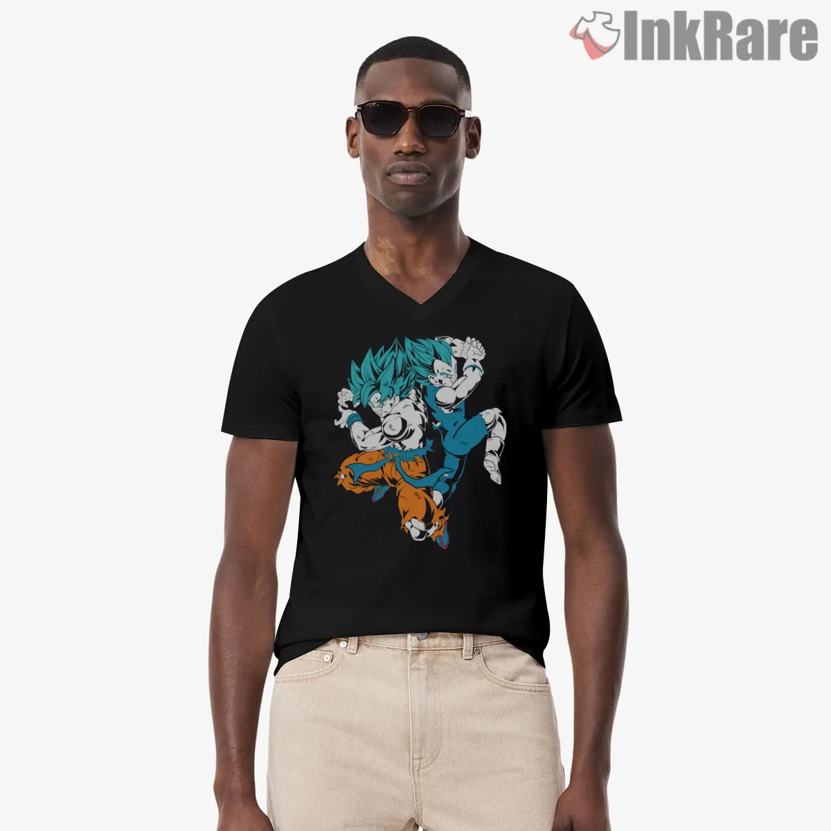 Goku And Vegeta Dual Superhero Clash V Neck Black Goku And Vegeta Dual Superhero Clash Shirt on black v-neck shirt for men graphic tee