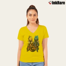 Women’s Goku And Vegeta Mortal Kombat Mashup V-Neck Tee in yellow | Chic Neckline, Soft Texture