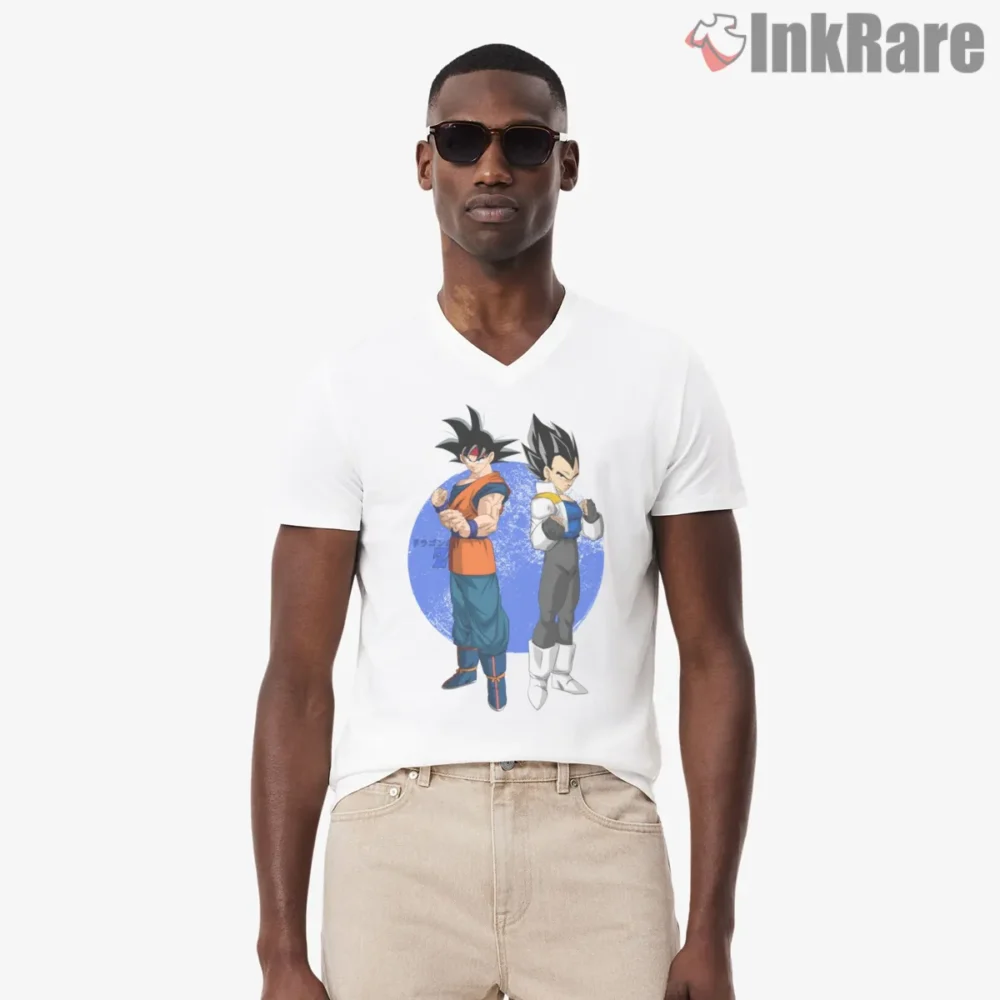 Goku And Vegeta Saiyan Rivals Duo Shirt on white v-neck shirt for men graphic tee