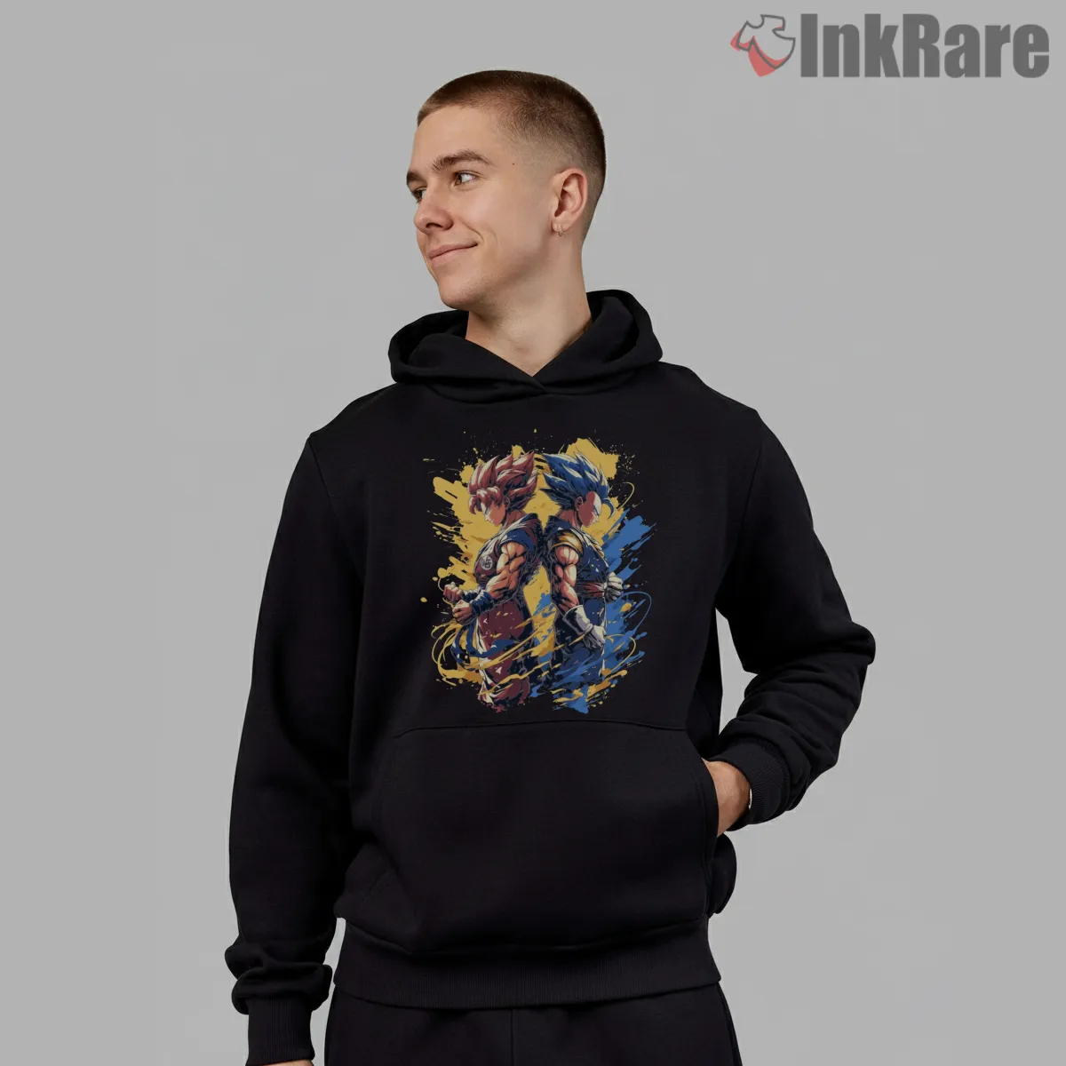Goku And Vegeta Twin Energy Storm Shirt on black hoodie for men graphic tee