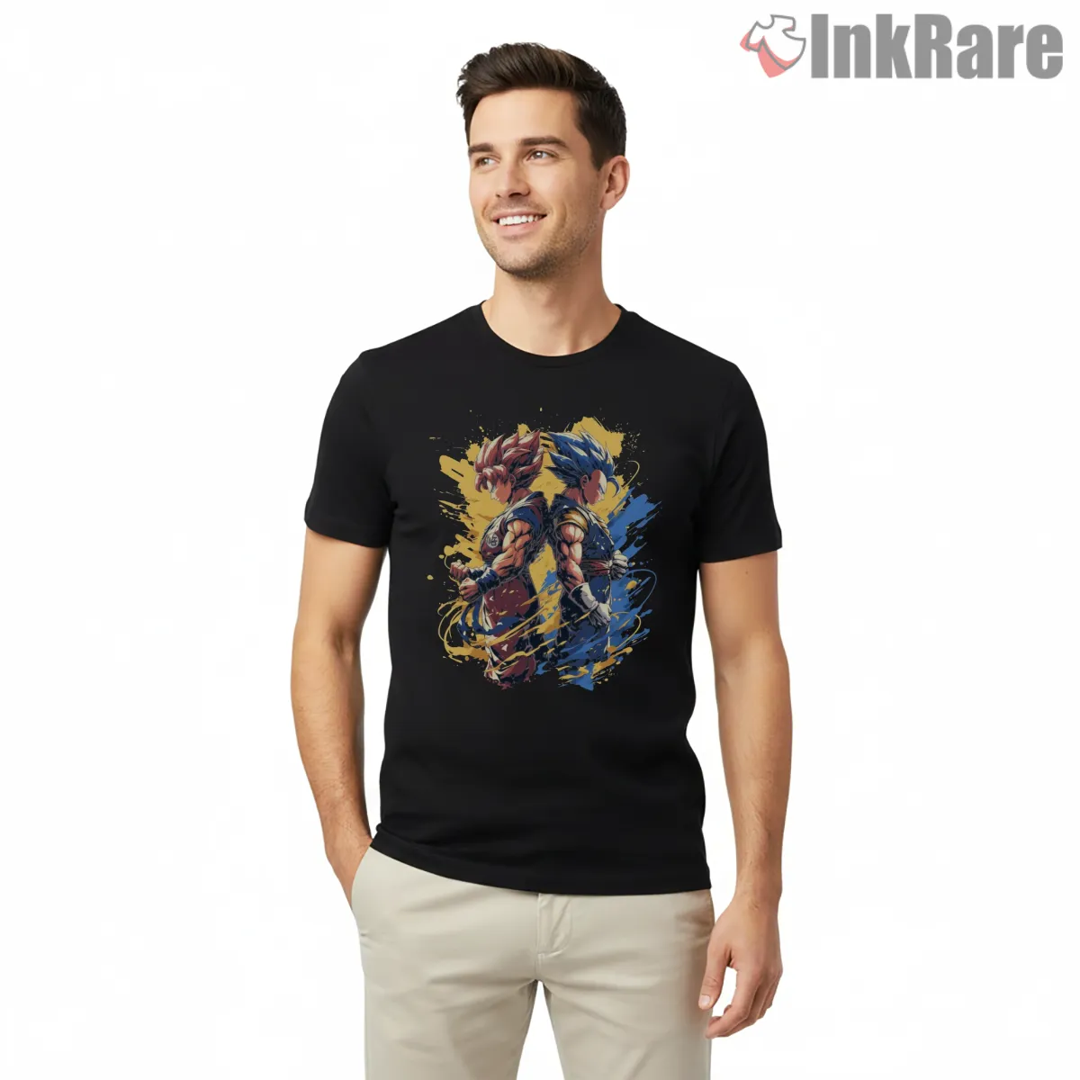 Goku And Vegeta Twin Energy Storm Short Sleeve Black Goku And Vegeta Twin Energy Storm Shirt on black short sleeve shirt for men graphic tee