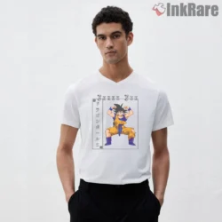 Goku Anime Martial Warrior Classic Kanji Panel Shirt on white v-neck shirt for men graphic tee