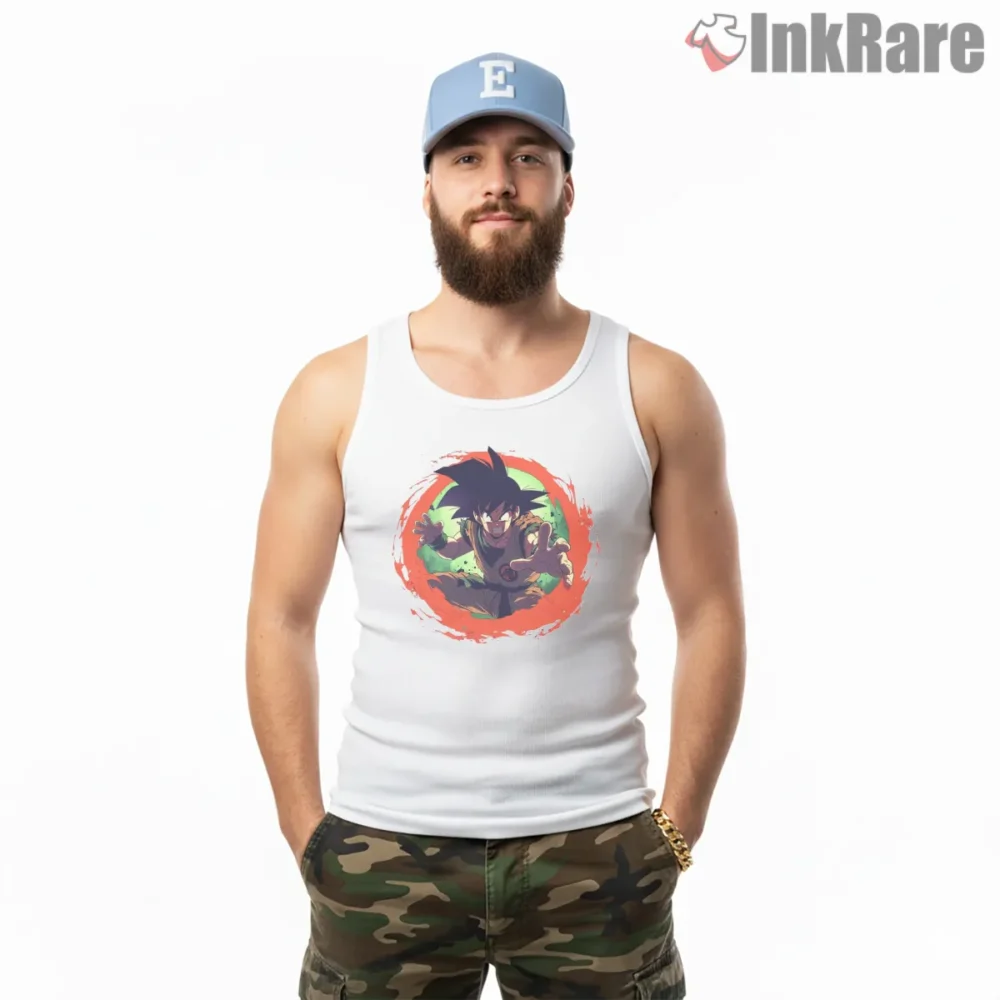 Goku Aura Charge Anime Street Art Shirt on white tank top for men graphic tee