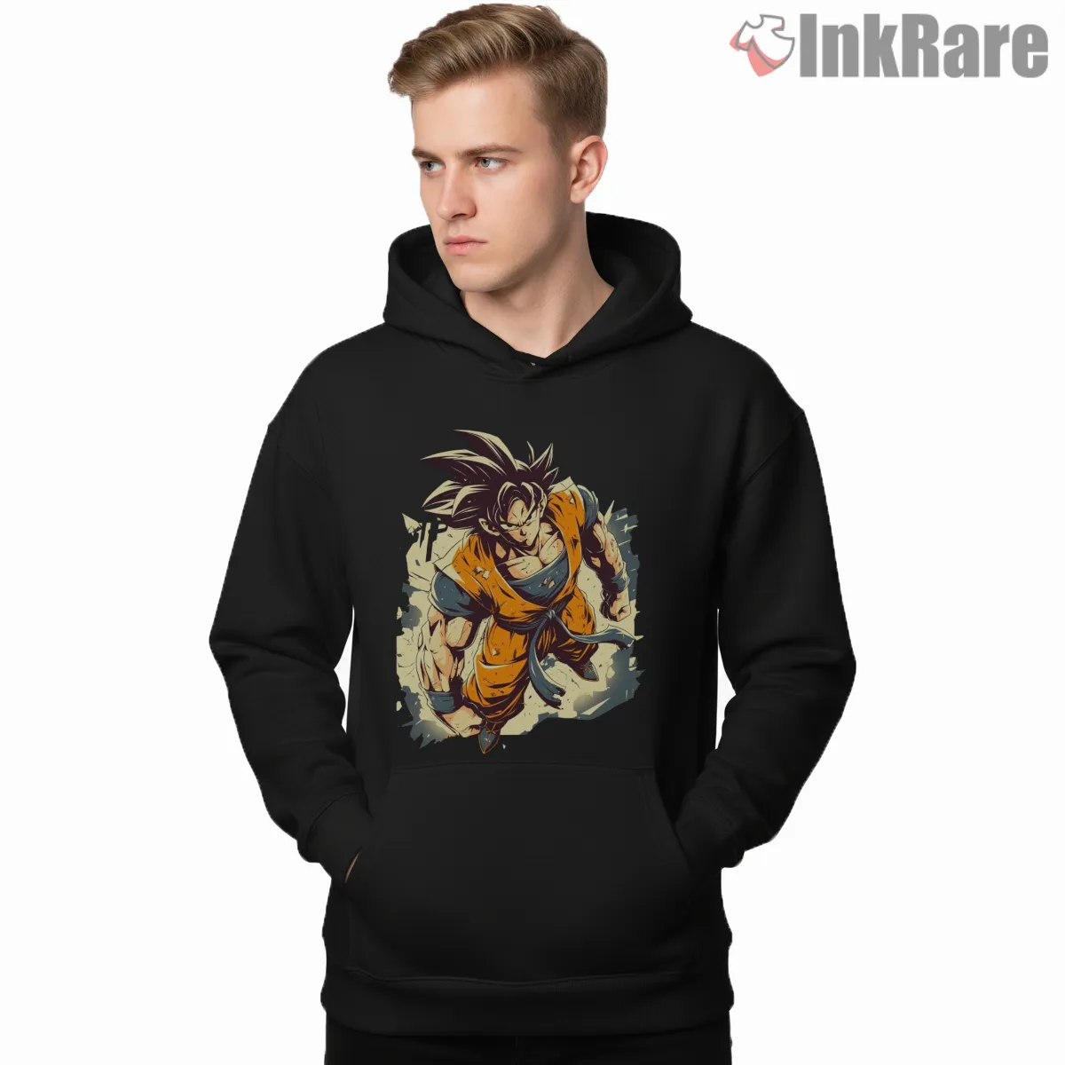 Goku Battle Worn Warrior Walk Shirt on black hoodie for men graphic tee