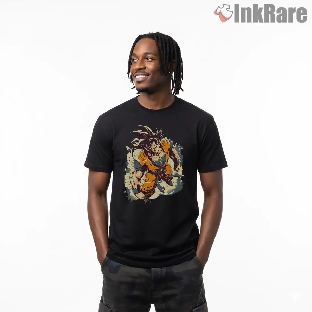 Goku Battle Worn Warrior Walk Short Sleeve Black Goku Battle Worn Warrior Walk Shirt on black short sleeve shirt for men graphic tee
