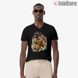 Goku Battle Worn Warrior Walk Shirt on black v-neck shirt for men graphic tee