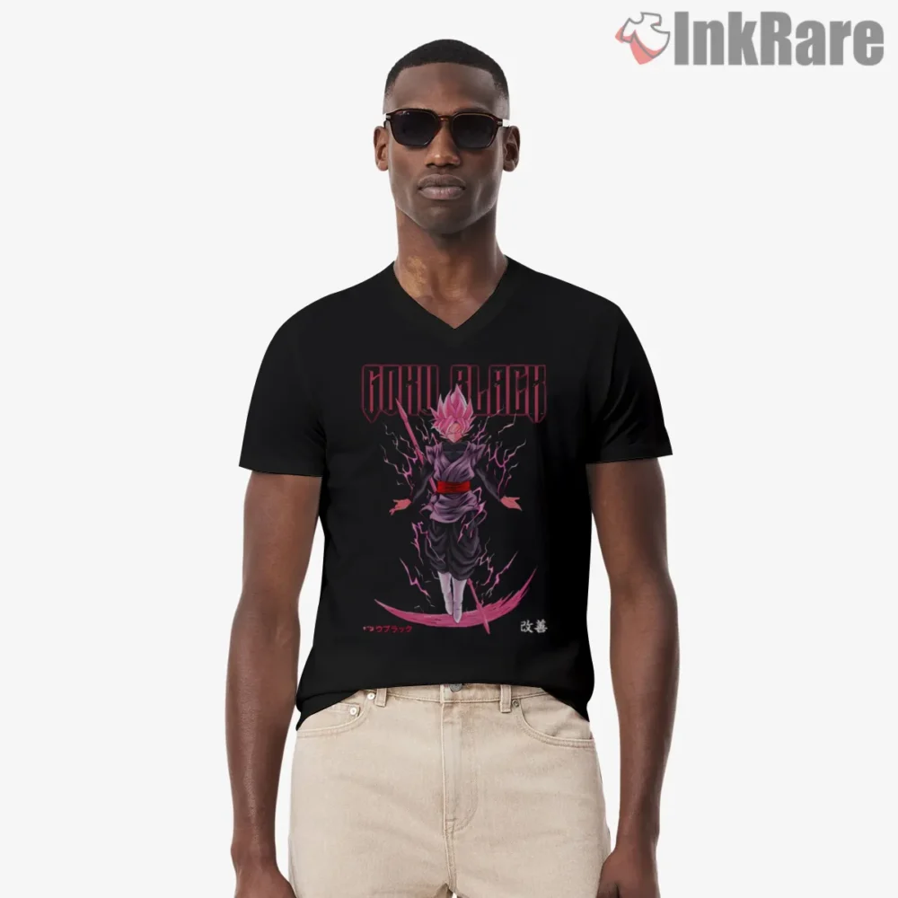 Goku Black Crimson Energy Villain Shirt on black v-neck shirt for men graphic tee