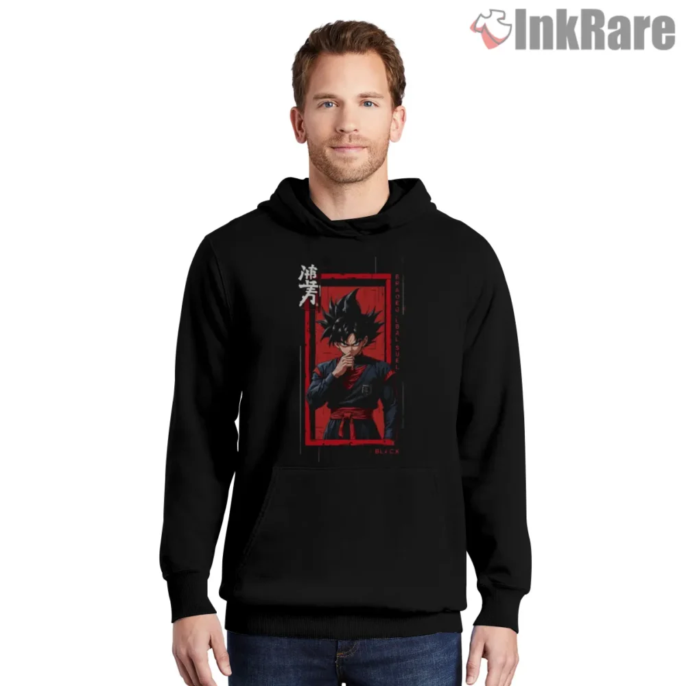 Goku Black Red Frame Villain Aura Shirt on black hoodie for men graphic tee