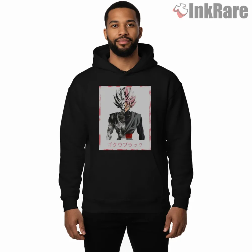 Goku Black White Smoke Manga Poster Shirt on black hoodie for men graphic tee