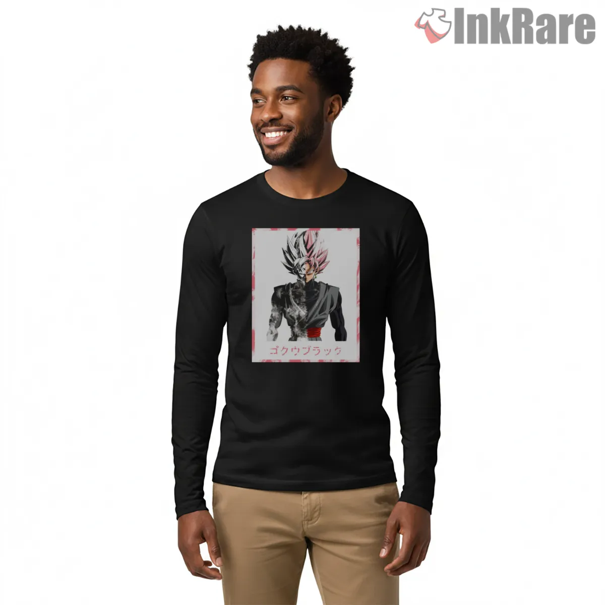 Goku Black White Smoke Manga Poster Shirt on black long sleeve shirt for men graphic tee