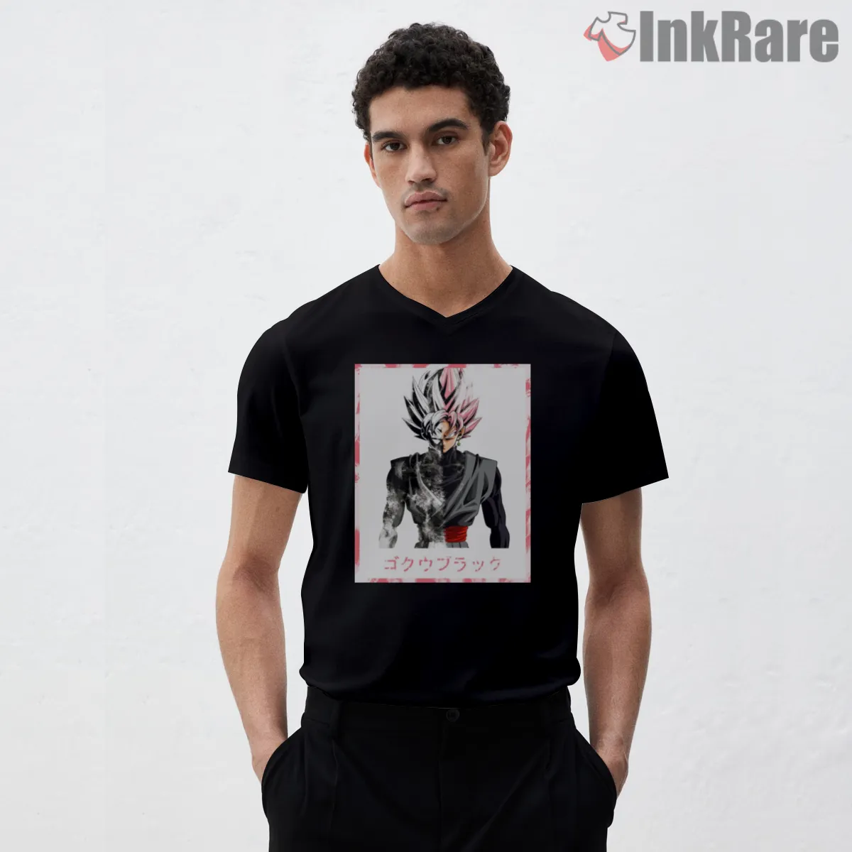 Goku Black White Smoke Manga Poster V Neck Black Goku Black White Smoke Manga Poster Shirt on black v-neck shirt for men graphic tee