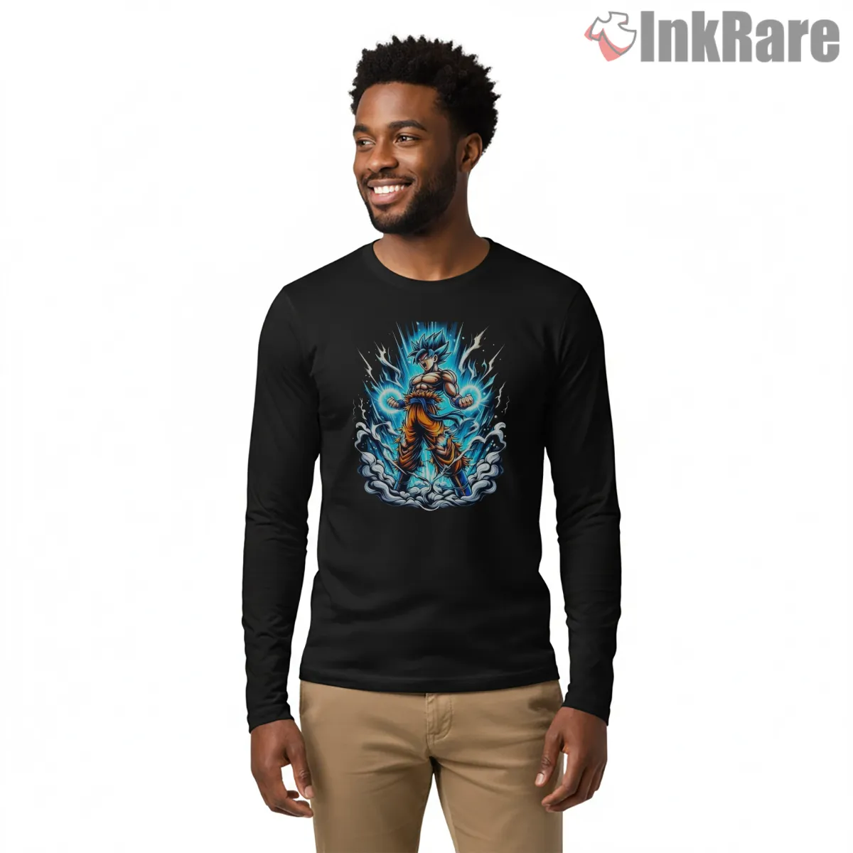 Goku Blue Ascending Energy Storm Shirt on black long sleeve shirt for men graphic tee