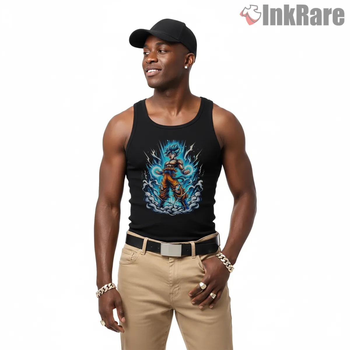 Goku Blue Ascending Energy Storm Tank Top Black Goku Blue Ascending Energy Storm Shirt on black tank top for men graphic tee