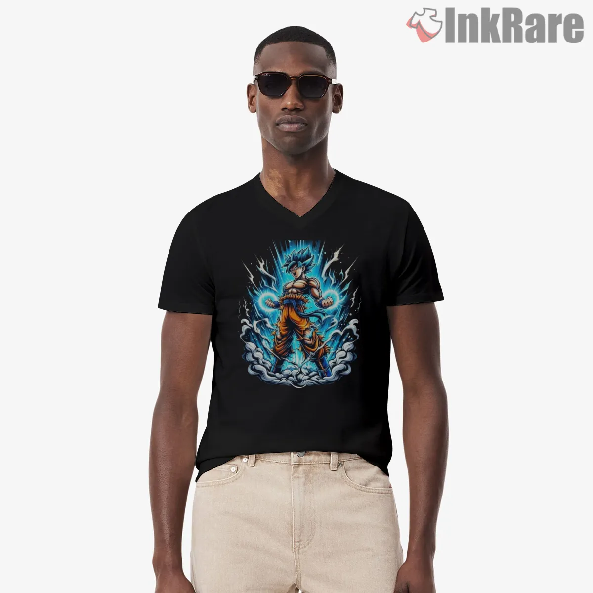 Goku Blue Ascending Energy Storm V Neck Black Goku Blue Ascending Energy Storm Shirt on black v-neck shirt for men graphic tee
