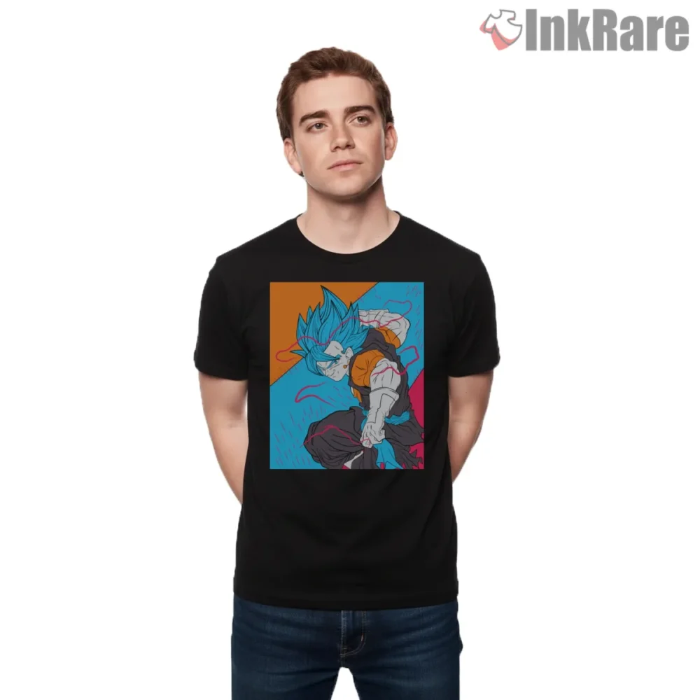 Goku Blue Dynamic Panel Art Shirt on black short sleeve shirt for men graphic tee