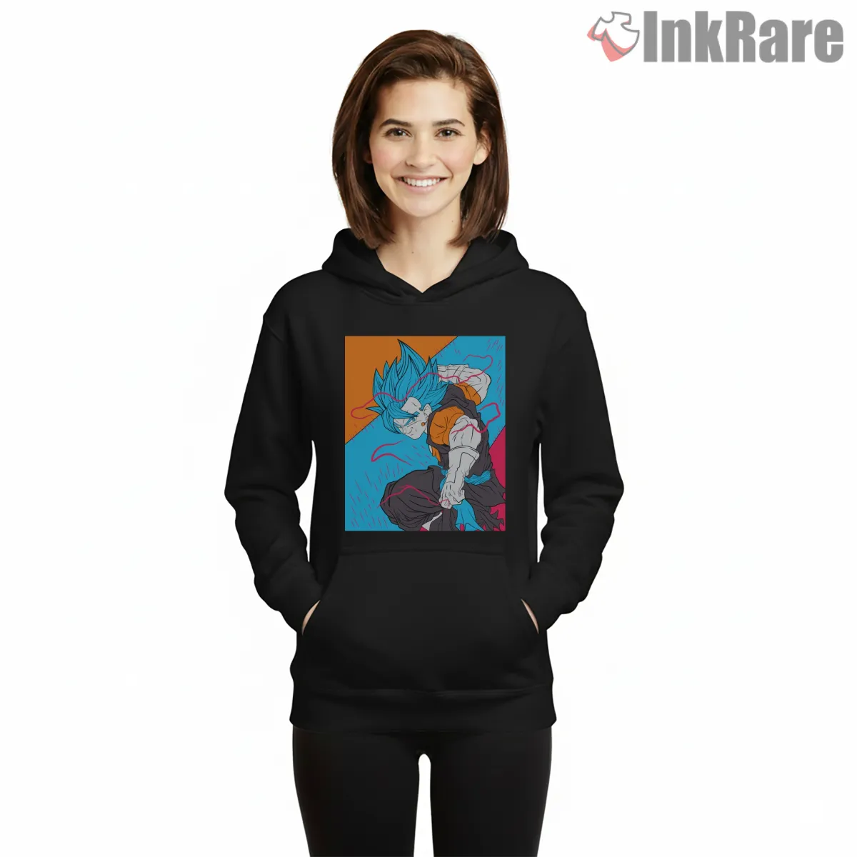 Goku Blue Dynamic Panel Art Shirt on black hoodie for women graphic tee