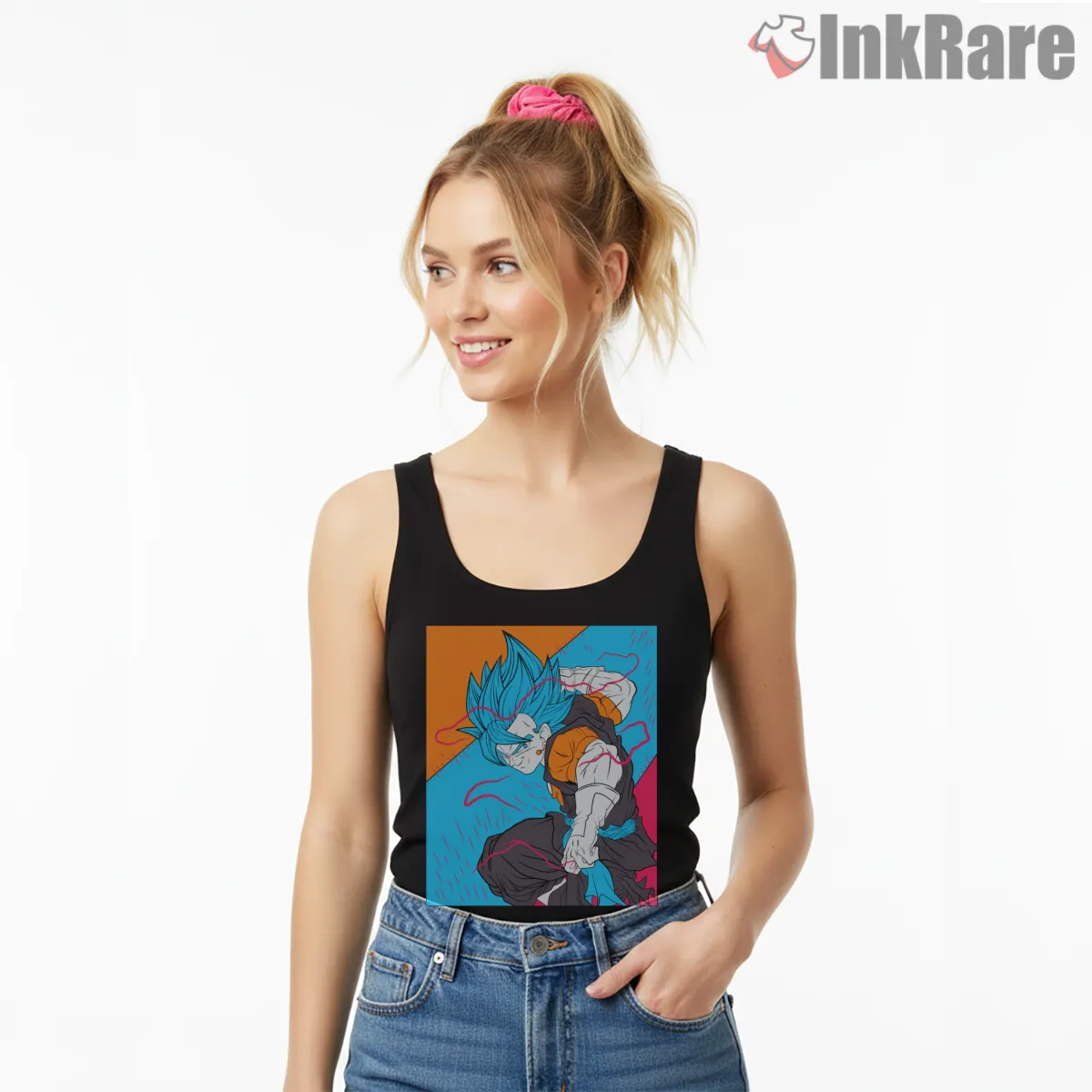 Goku Blue Dynamic Panel Art Tank Top Black Goku Blue Dynamic Panel Art Shirt on black tank top for women graphic tee