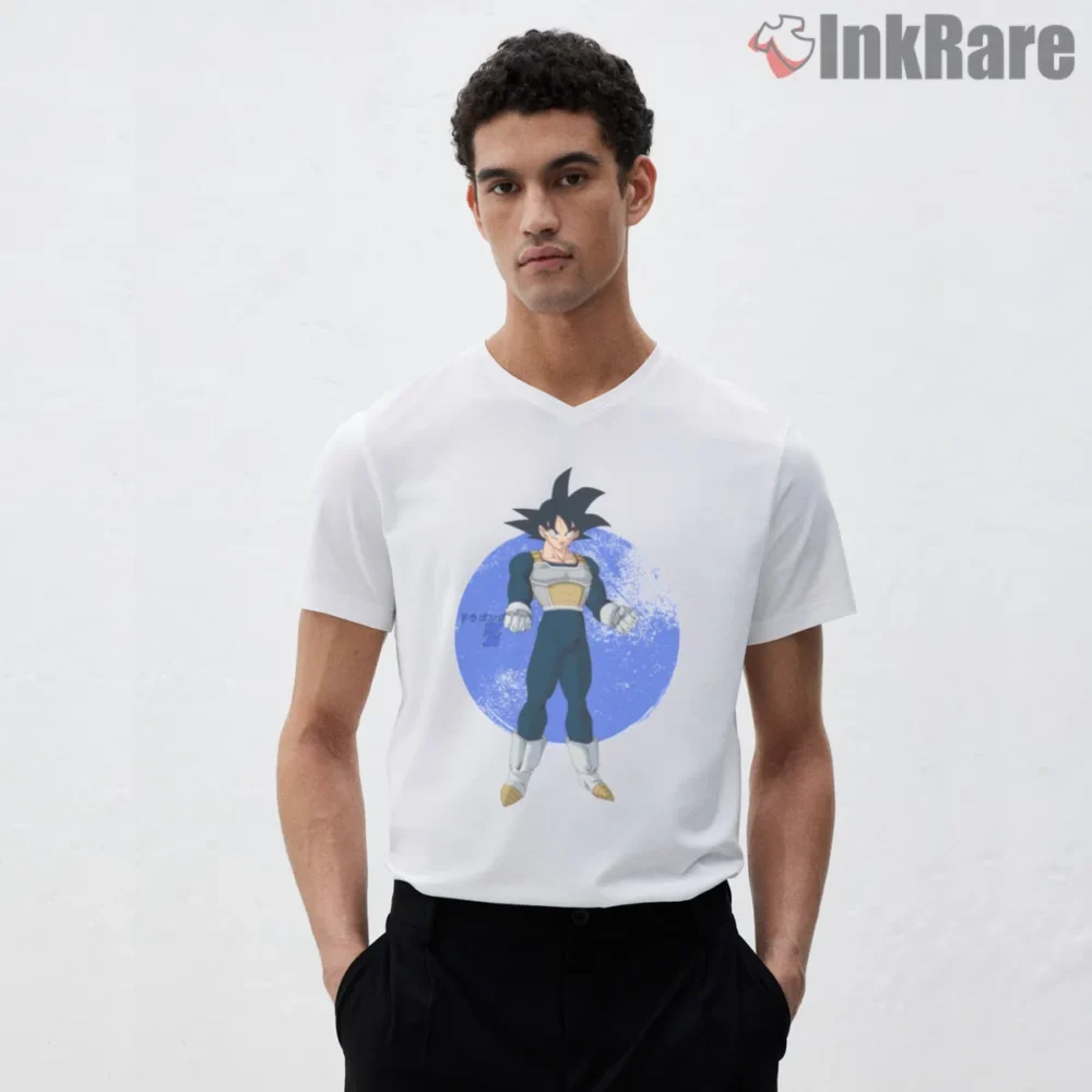 Goku Classic Armor Blue Circle Shirt on white v-neck shirt for men graphic tee