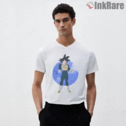 Goku Classic Armor Blue Circle Shirt on white v-neck shirt for men graphic tee