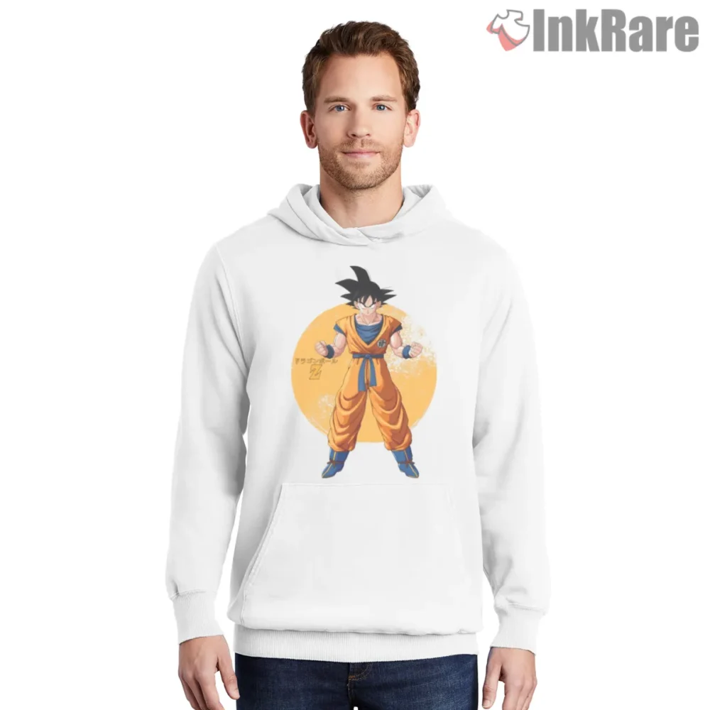 Goku Classic Orange Gi Stand Shirt on white hoodie for men graphic tee