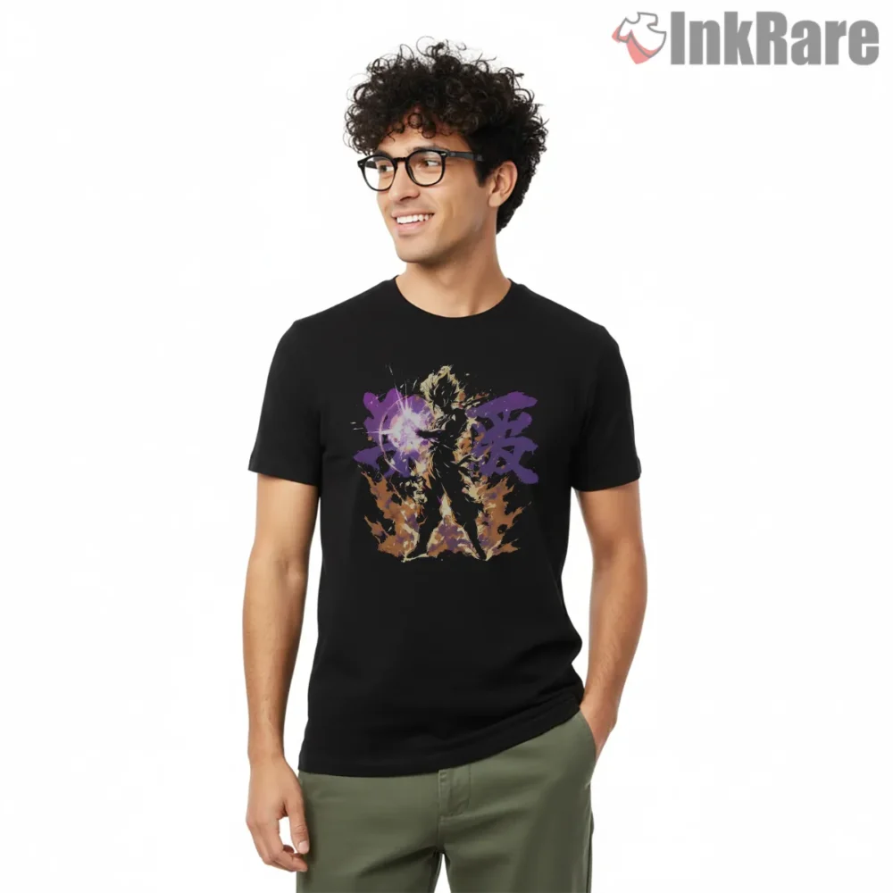 Goku Collector Edition Purple Energy Burst Shirt on black short sleeve shirt for men graphic tee