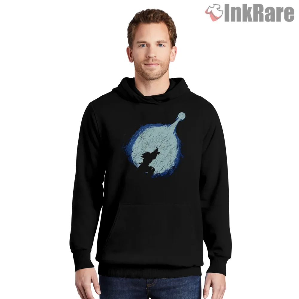 Goku Cosmic Blue Kamehameha Strike Shirt on black hoodie for men graphic tee