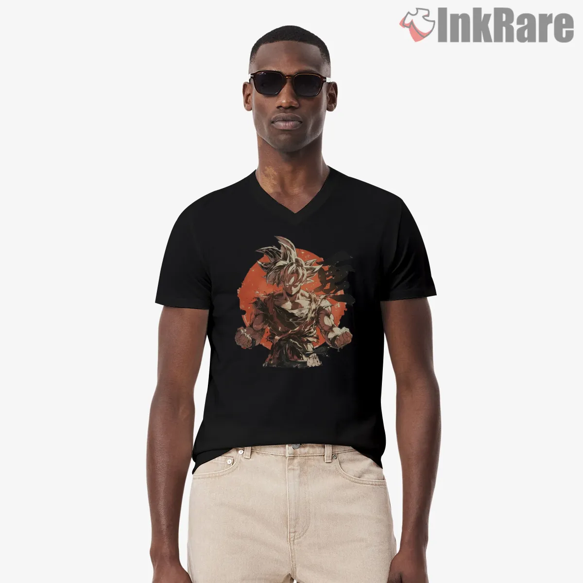 Goku Dust Storm Battle Focus V Neck Black Goku Dust Storm Battle Focus Shirt on black v-neck shirt for men graphic tee