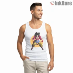 Goku Energetic Martial Hero Battle Pose Shirt on white tank top for men graphic tee
