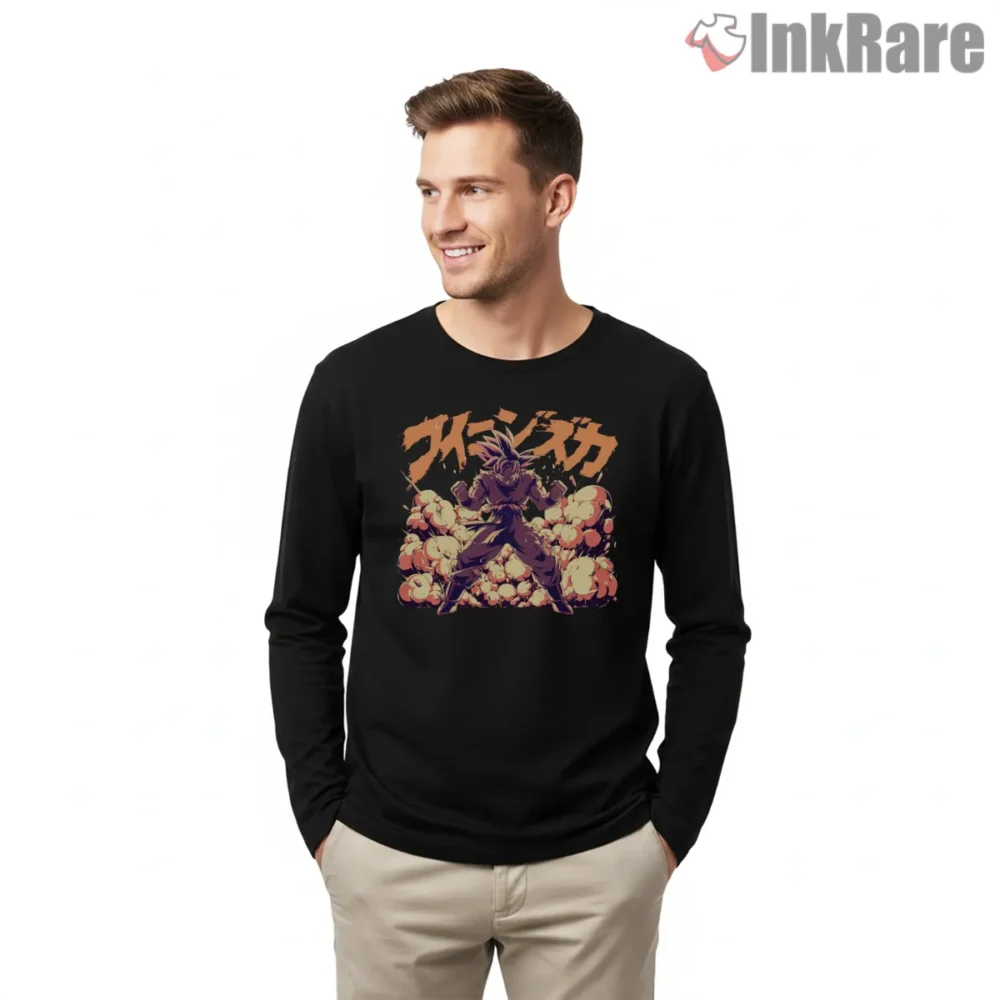 Goku Explosive Aura Street Art Shirt on black long sleeve shirt for men graphic tee