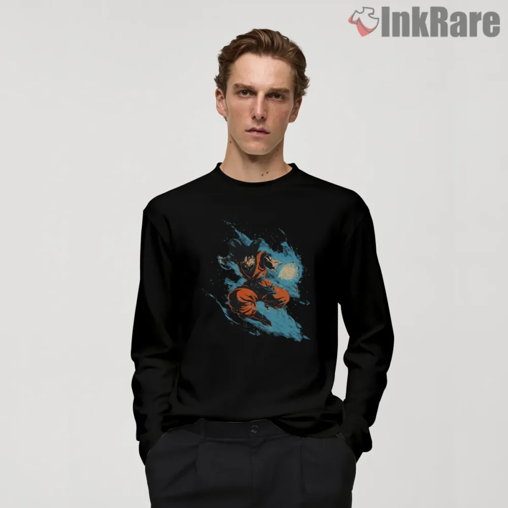 Goku Explosive Blue Energy Charge Shirt on black long sleeve shirt for men graphic tee