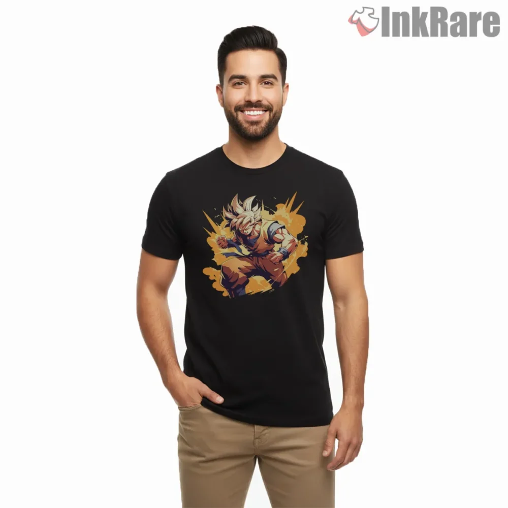 Goku Explosive Orange Power Rush Shirt on black short sleeve shirt for men graphic tee