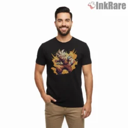 Goku Explosive Orange Power Rush Shirt on black short sleeve shirt for men graphic tee