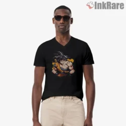 Goku Fierce Fists Battle Aura Shirt on black v-neck shirt for men graphic tee