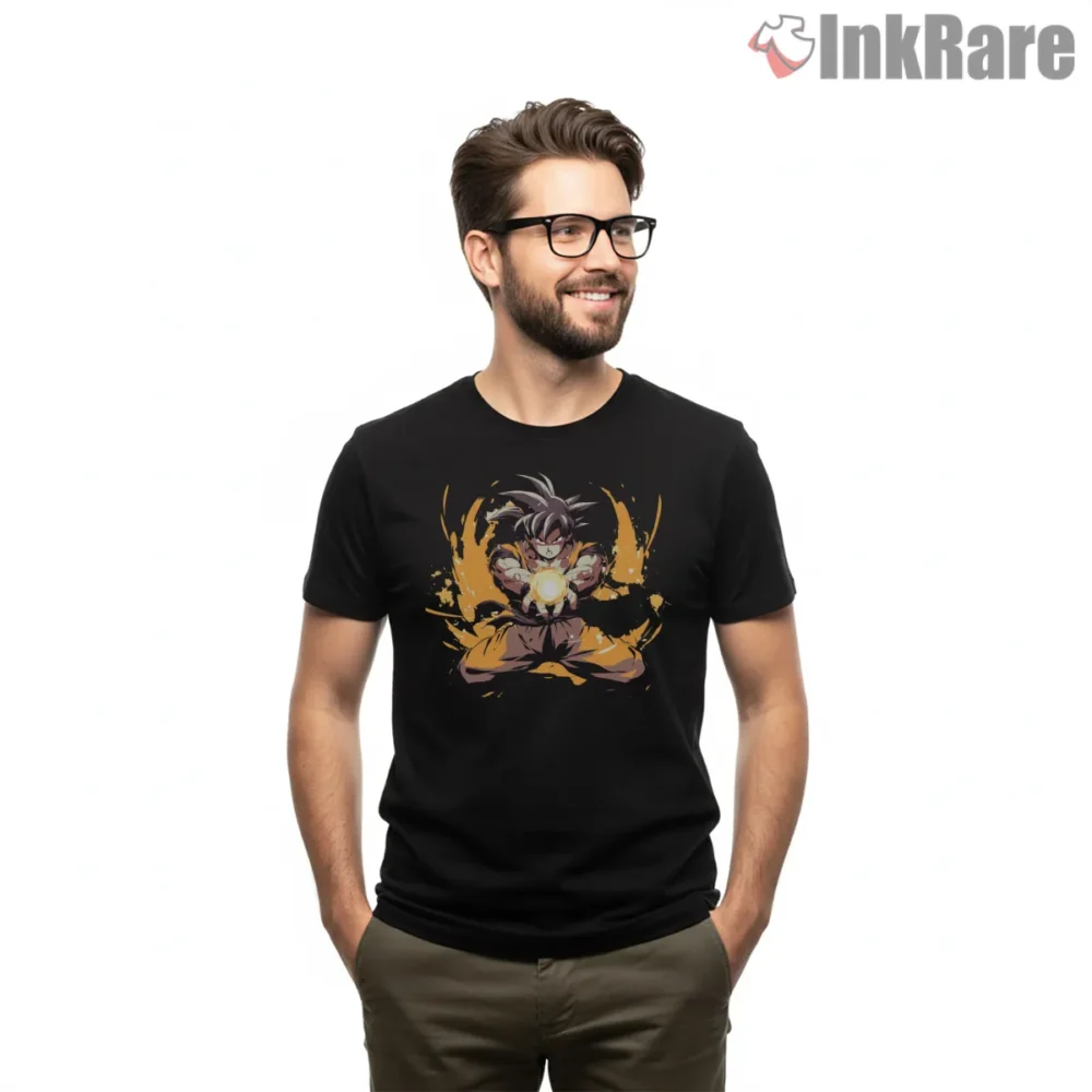 Goku Fierce Orange Energy Blast Shirt on black short sleeve shirt for men graphic tee