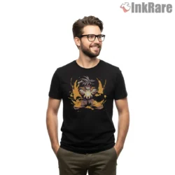 Goku Fierce Orange Energy Blast Shirt on black short sleeve shirt for men graphic tee
