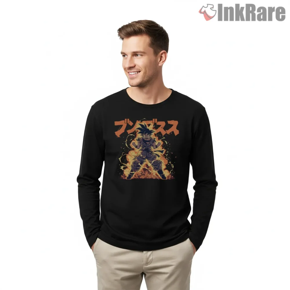 Goku Fiery Japanese Text Shirt on black long sleeve shirt for men graphic tee