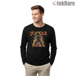 Goku Fiery Japanese Text Shirt on black long sleeve shirt for men graphic tee