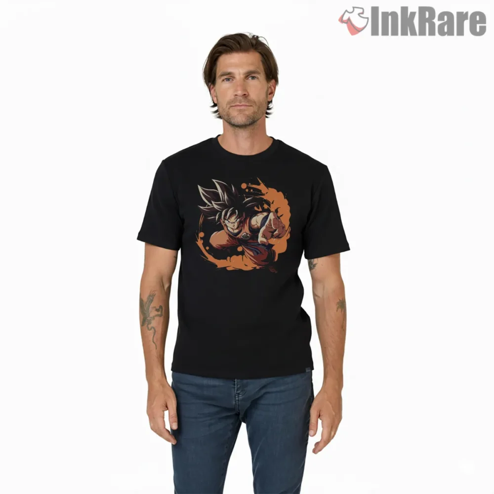 Goku Forward Strike Orange Burst Shirt on black short sleeve shirt for men graphic tee
