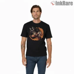 Goku Forward Strike Orange Burst Shirt on black short sleeve shirt for men graphic tee