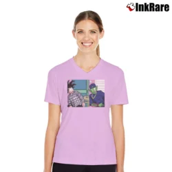 Women’s Goku Friday Daaaamn Funny Dragon Ball V-Neck Tee in light pink | Chic Neckline, Soft Texture