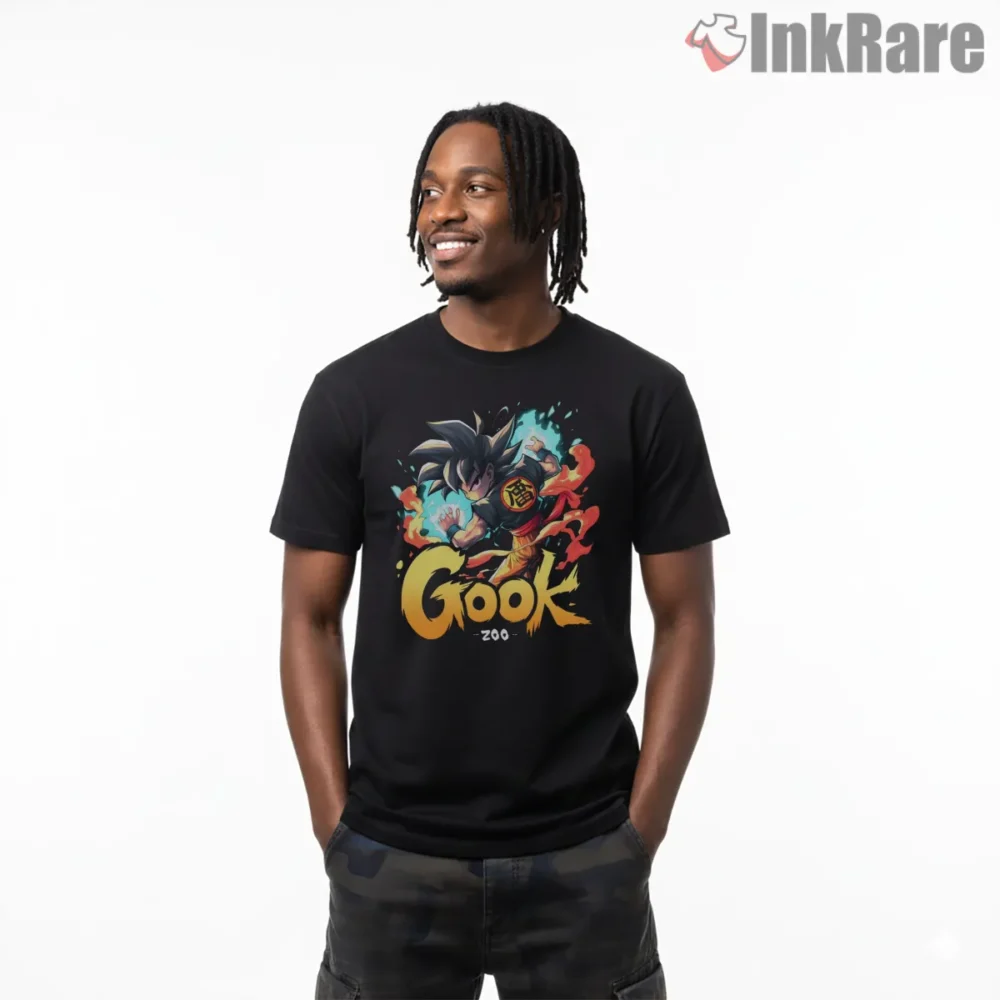 Goku Graffiti Street Tag Neon Splash Shirt on black short sleeve shirt for men graphic tee