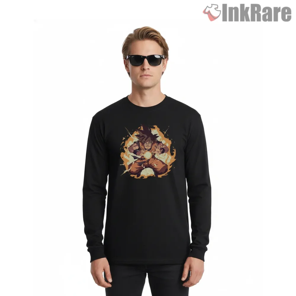 Goku Kamehameha Charge Fire Burst Shirt on black long sleeve shirt for men graphic tee
