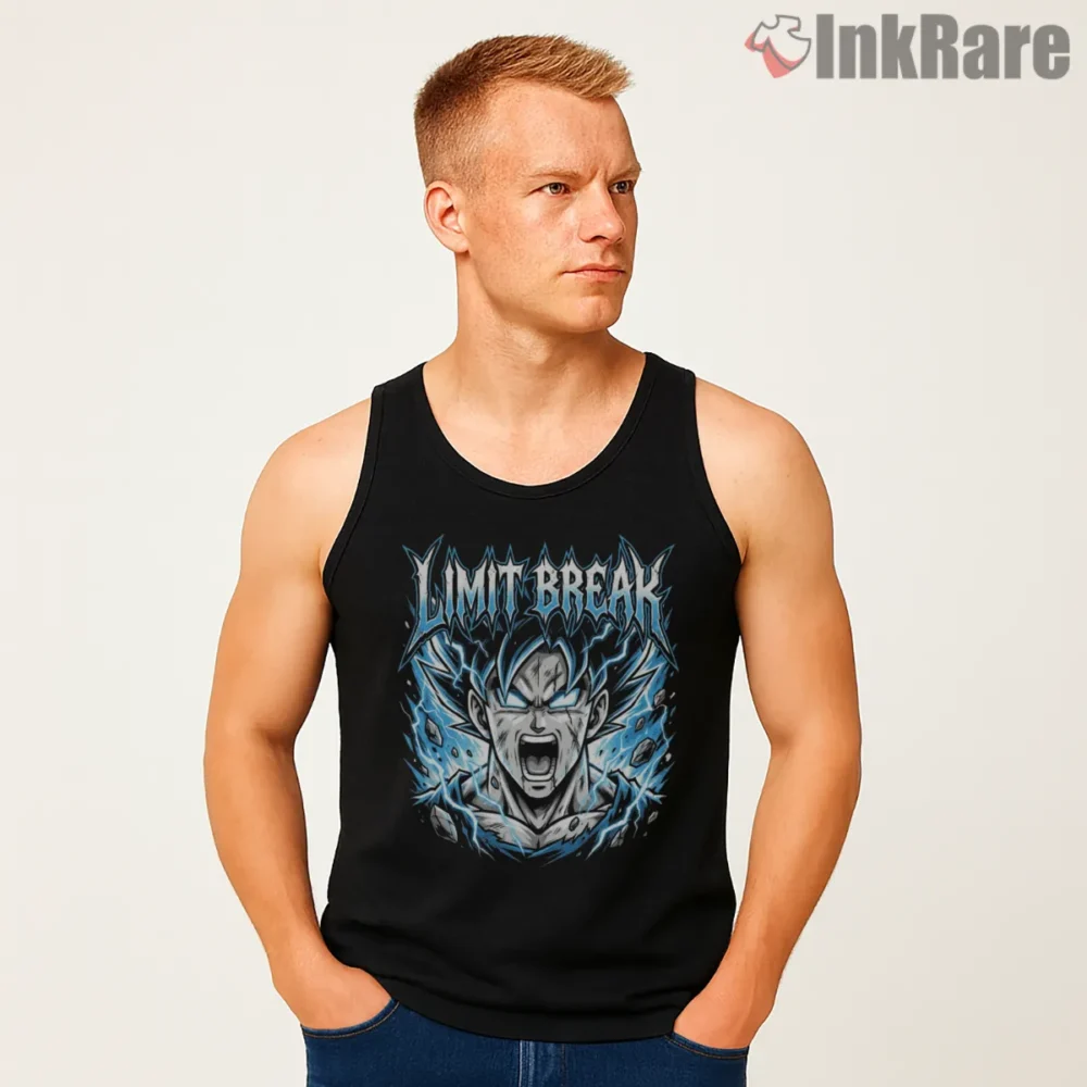 Goku Limit Break Screaming Spirit Shirt on black tank top for men graphic tee