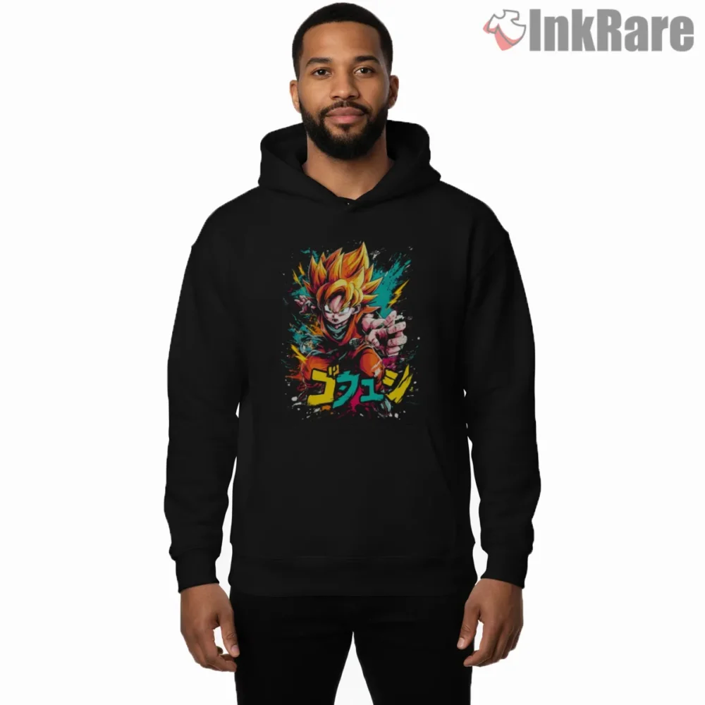 Goku Neon Graffiti Charge Shirt on black hoodie for men graphic tee