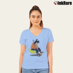 Women’s Goku Nimbus Cloud Dragon Ball Z Retro V-Neck Tee in light blue | Chic Neckline, Soft Texture